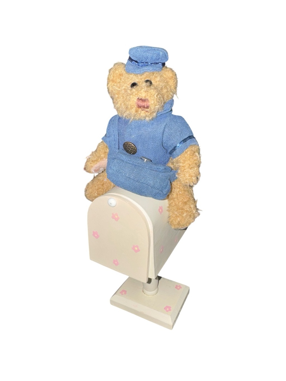 Vintage Plush Mailman Teddy in Light Blue Outfit with Hand Painted Mail Box